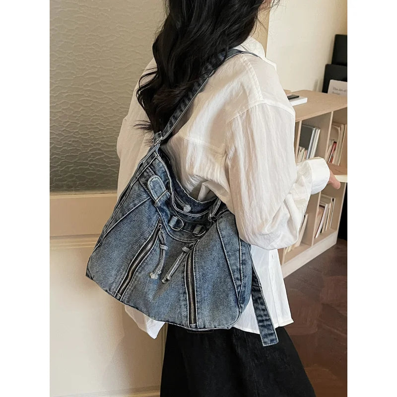 Vintage Denim Tote Bag – Large Crossbody Shoulder Bag