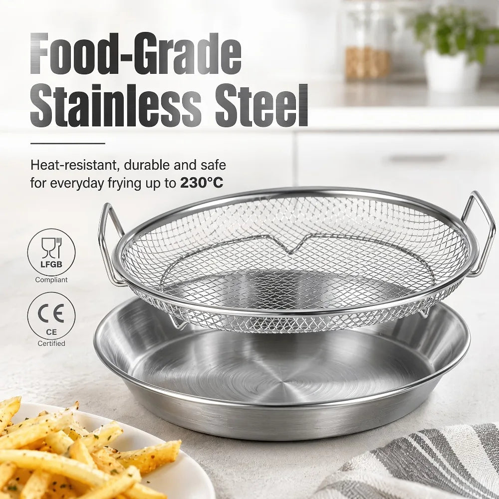 2-Pc Stainless Steel Frying Draining Basket & Tray Set