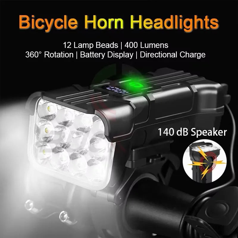 BUCKLOS 12 LED Bike Headlight USB Rechargeable + 140dB Horn