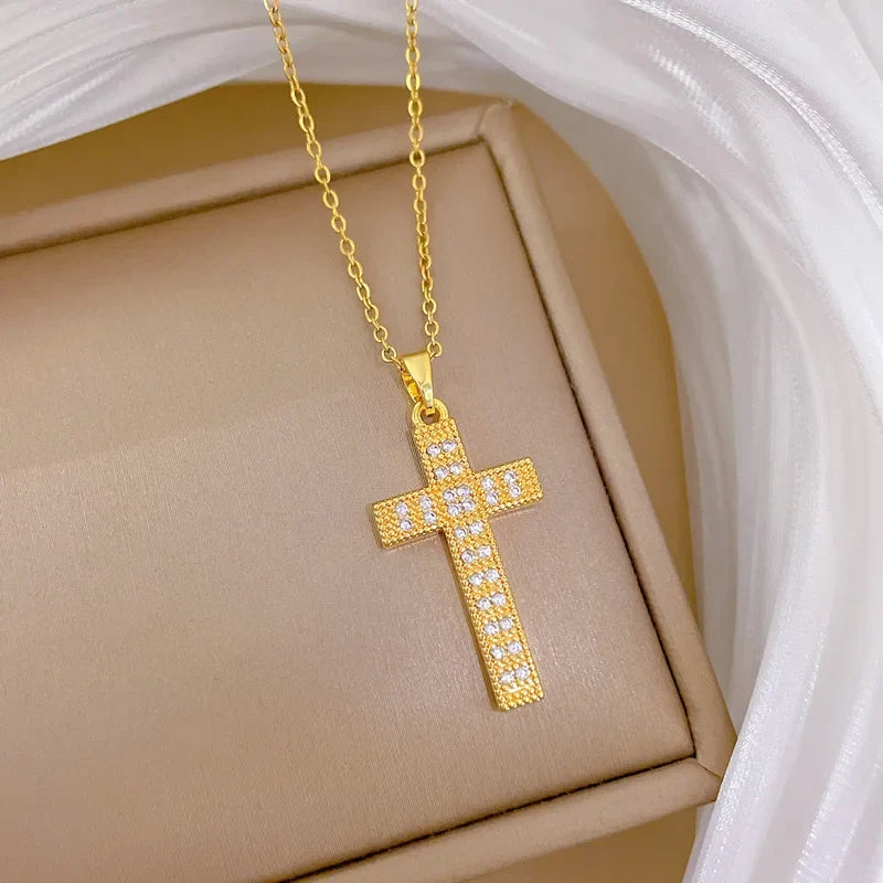 Women's Gold Cross Pendant Necklace – Stainless Steel Choker