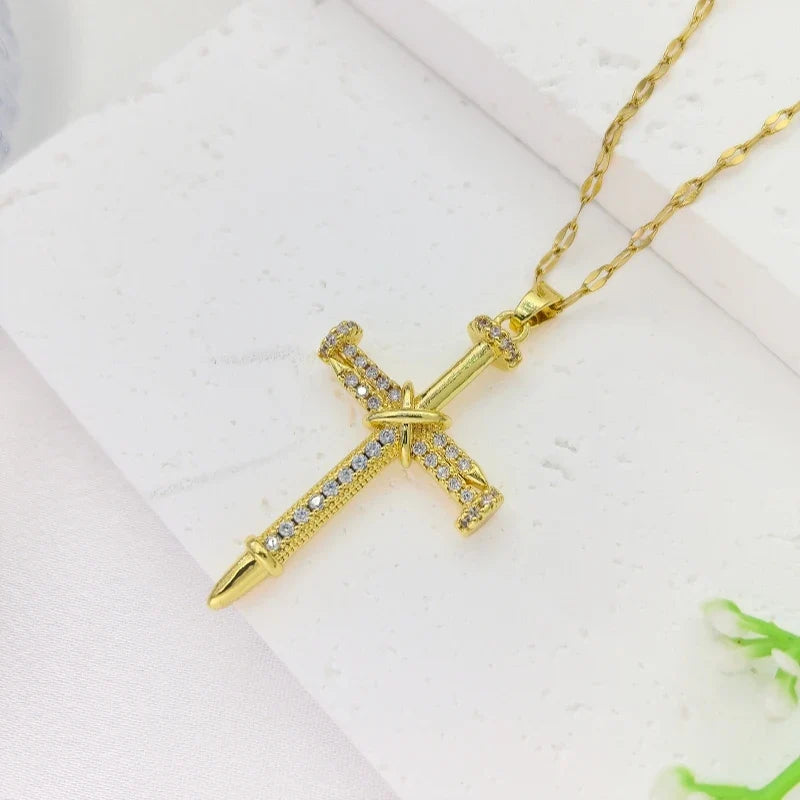 Women's Gold Cross Pendant Necklace – Copper & Stainless Steel
