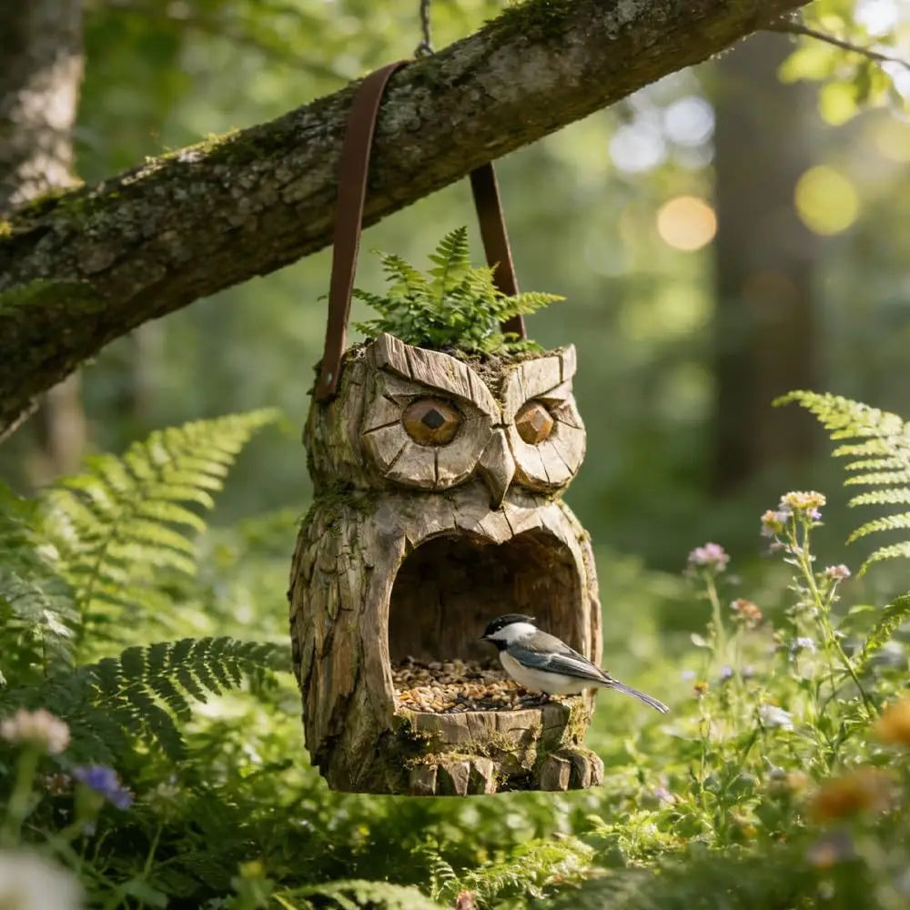 Owl Bird Feeder – Realistic Resin Hanging Feeder for Garden