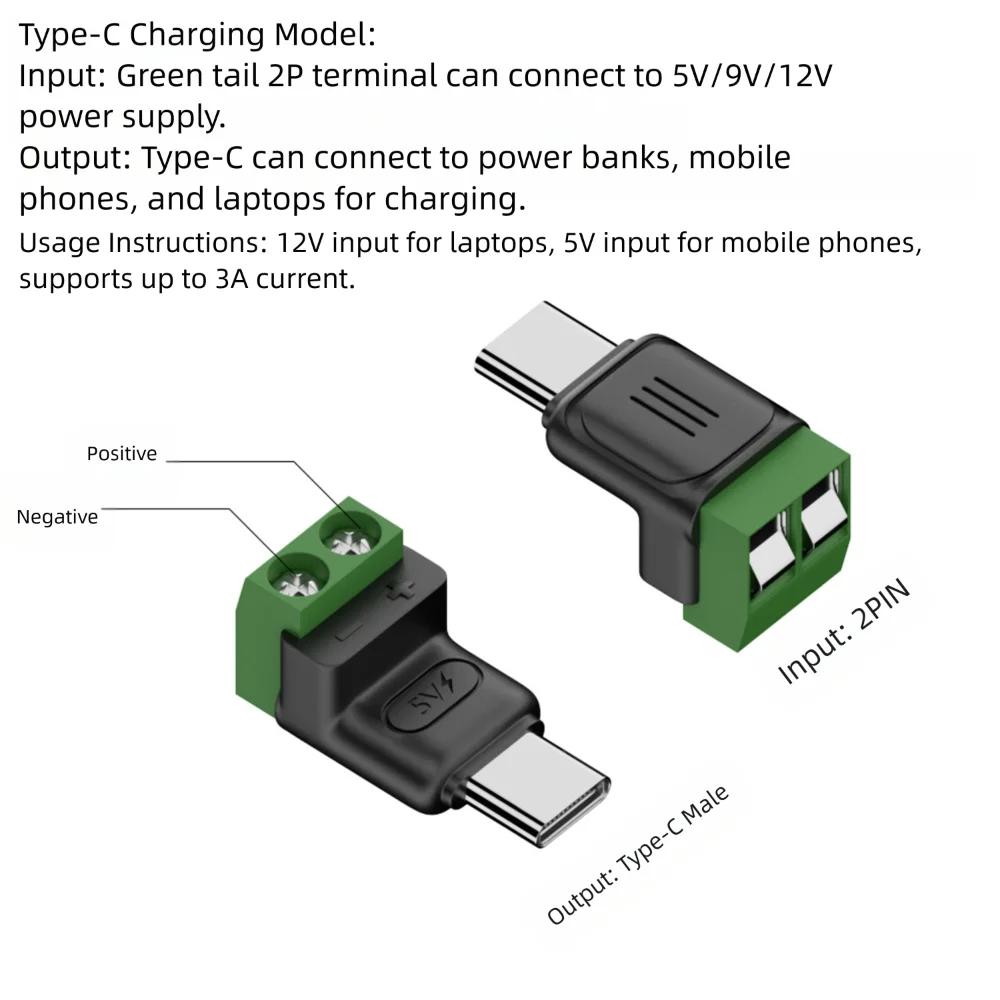 Solderless USB-C to 2-Pin Crimp Terminal Block Adapter 5V