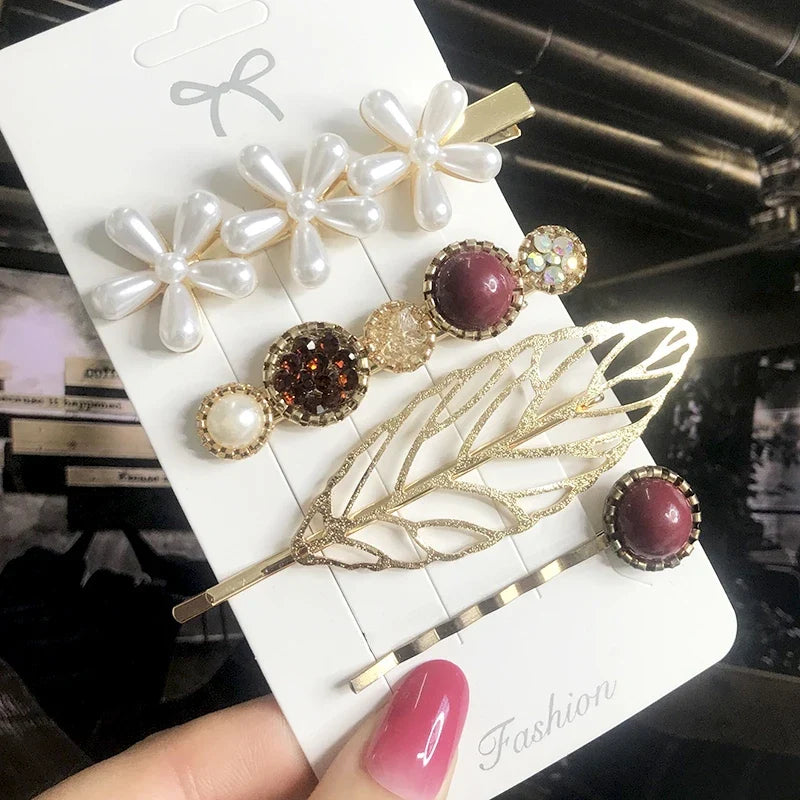 Pearl Crystal Hair Clips Set – Korean Geometric Barrettes