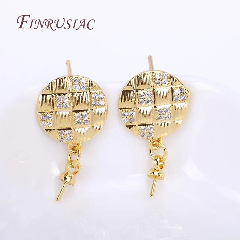 18K Gold Plated Zircon Round Post Earring Findings | DIY Pearl