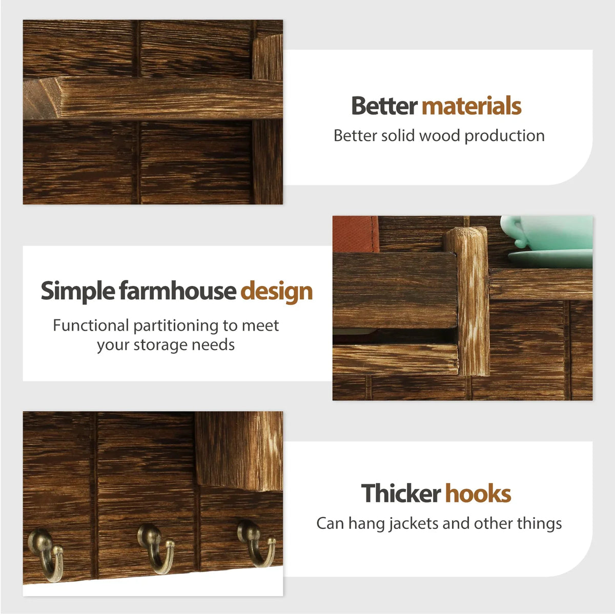 Wall Mount Mail Organizer & Key Holder with Shelf & Hooks