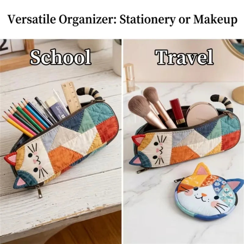 Patchwork Cat Quilted Makeup Brush Bag & Cosmetic Organizer
