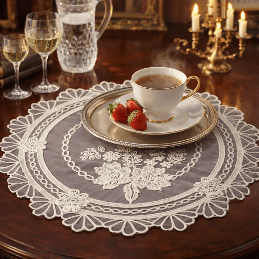 European Lace Embroidery Placemat Round Tray Mat Table Cloth