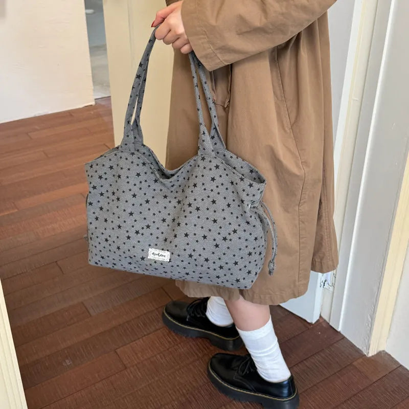 Korean Star-Pattern Nylon Tote Bag – Large Shoulder Bag
