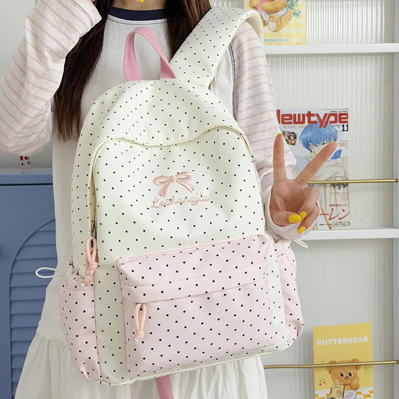 Korean Polka Dot Backpack – Lightweight Large-Capacity School Bag