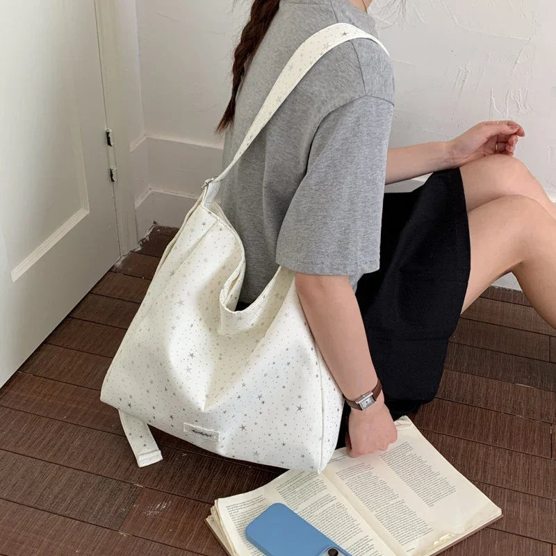 Korean Minimalist Star Canvas Tote Bag – Large Shoulder Bag