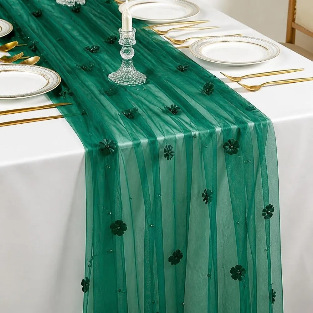 Tulle Table Runner 75x300cm Sheer Floral Embroidered Décor