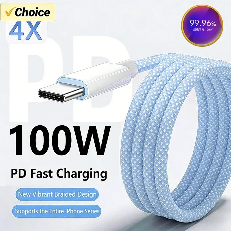 100W USB-C Braided Fast Charge Cable – 6A Type-C, 1M