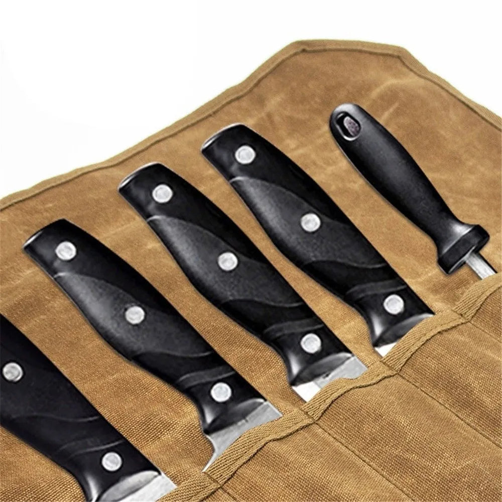Wax Canvas Roll-Up Chef Tool Bag – 7 Slots Knife Roll