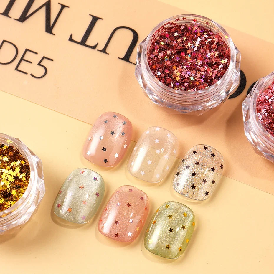 Y2K Star Nail Art Flakes – Gold Silver Pink Glitter Sequins 6pc
