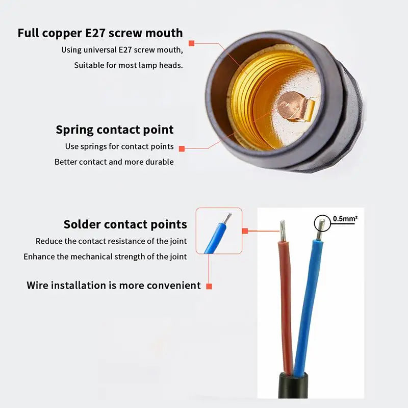 Waterproof E27 Lamp Holder with Power Cord Socket | 20–200CM