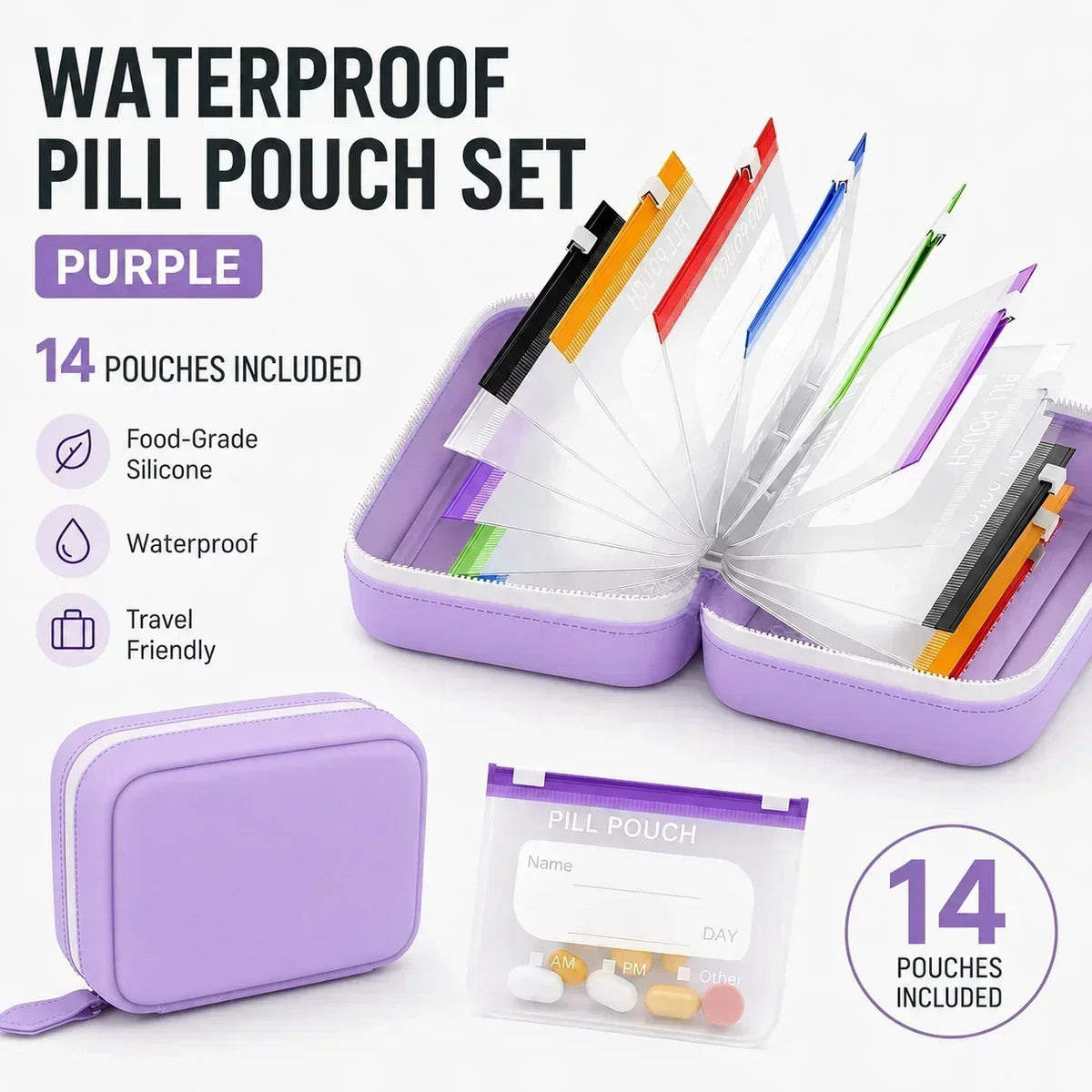 Compact Pill Organizer – 14 Zipper Pouches & Binder Case