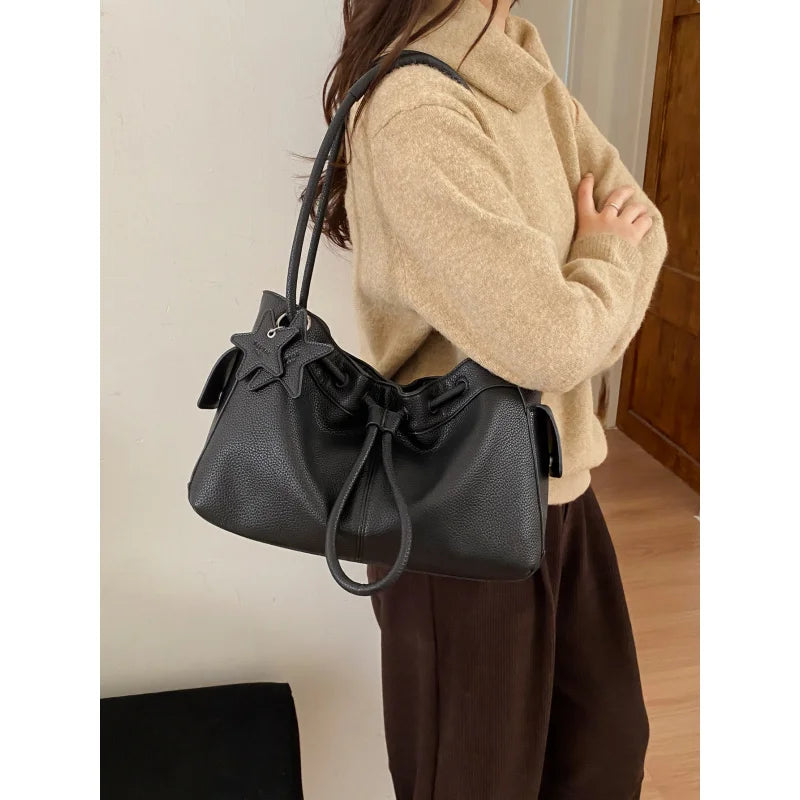 Nixie Drawstring Bucket Bag – Large PU Leather Tote for Women