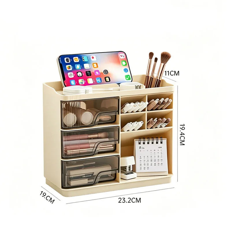 Slanted Makeup Brush Holder with 3 Drawers | Vanity Organizer