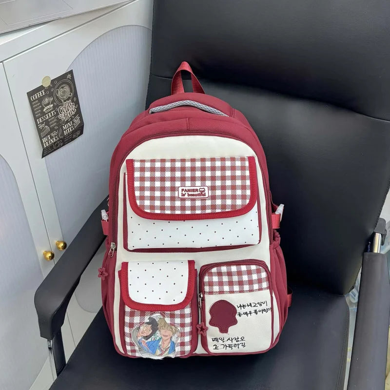 Polka Dot Plaid Girls School Backpack – Large Capacity Bag