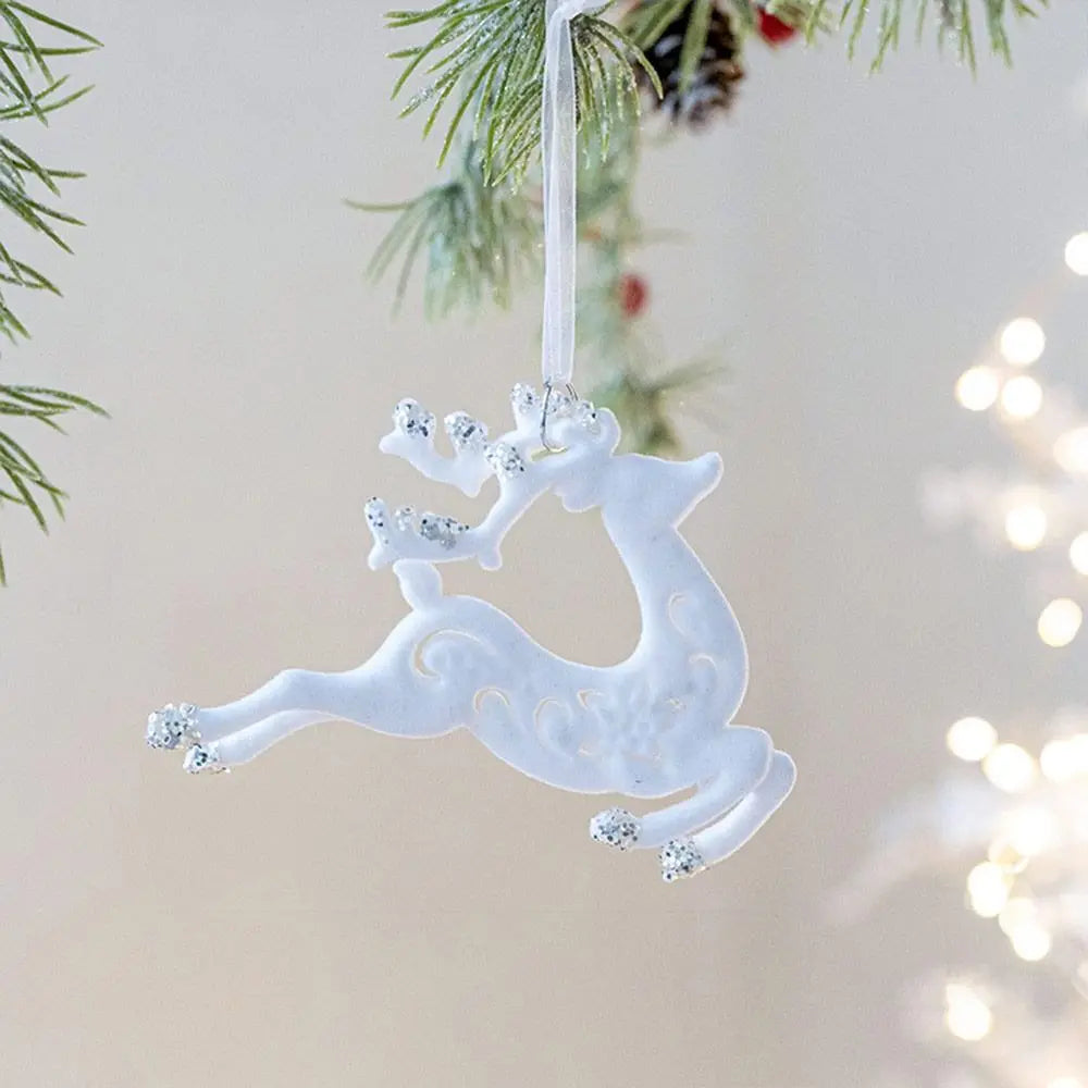 White Christmas Ornaments – Flocking Deer, Wreath & Snowflake