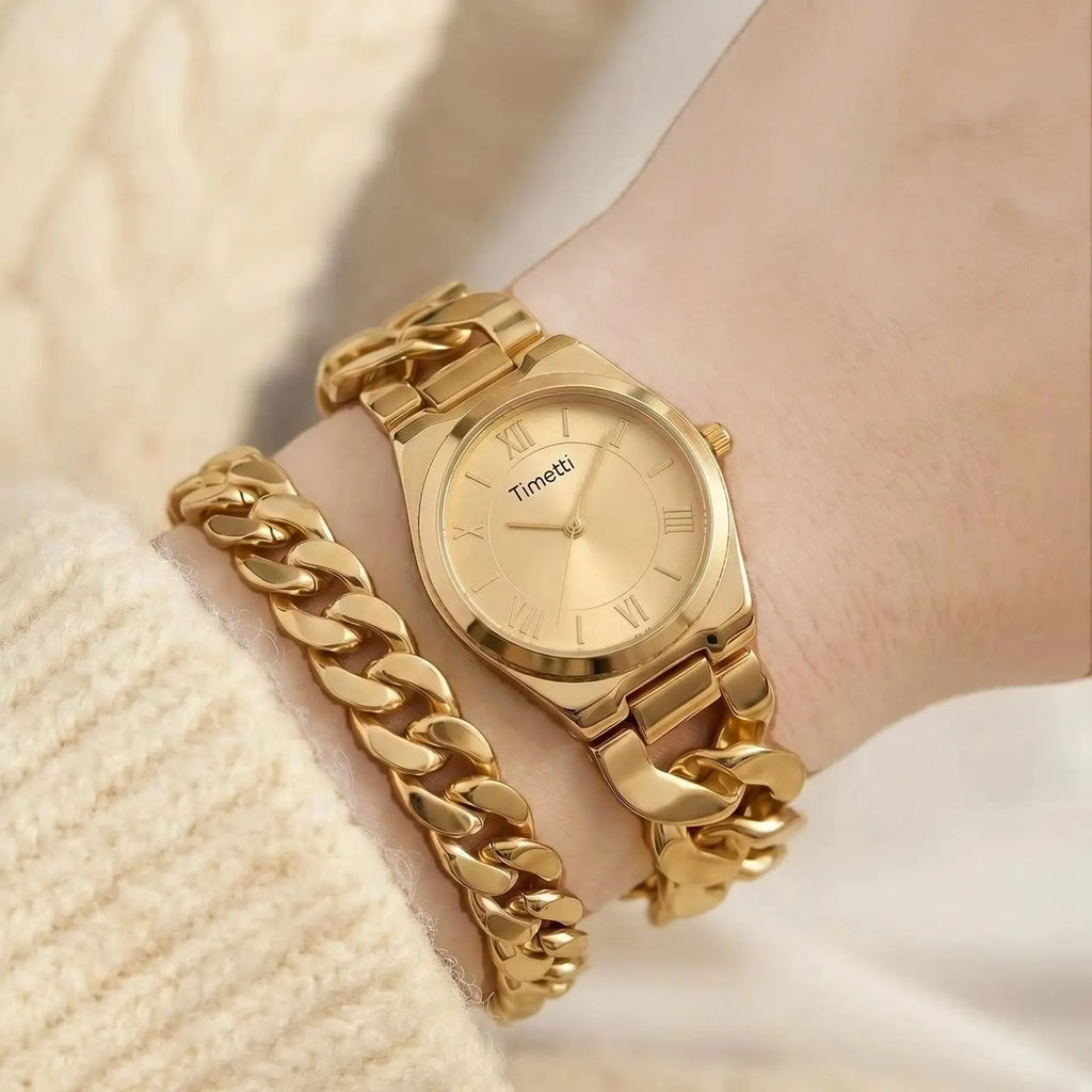 Women's Gold Watch & Bracelet Set | Quartz Roman Numeral