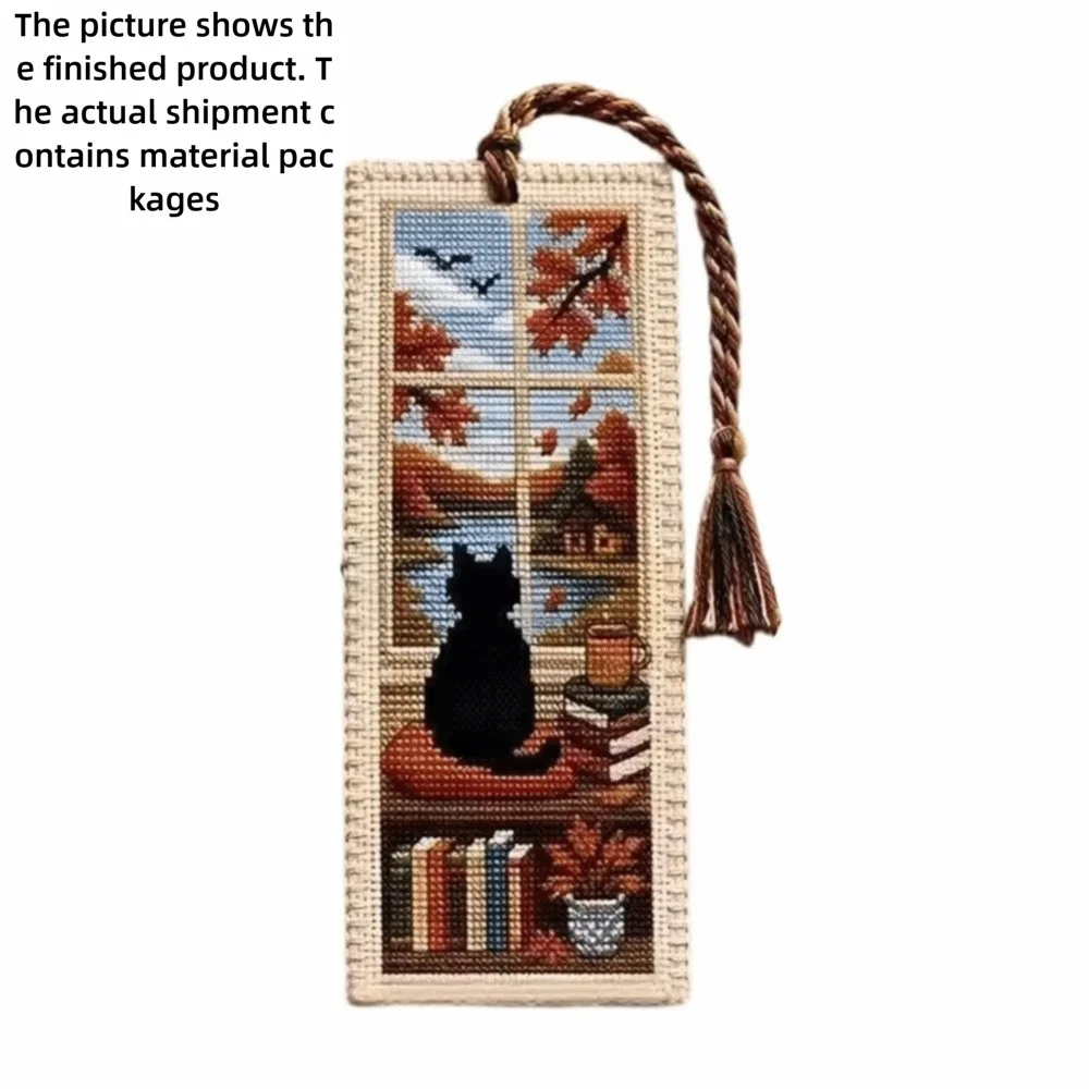 Seasonal Cat Cross Stitch Bookmark DIY Kit with Braided Tassel