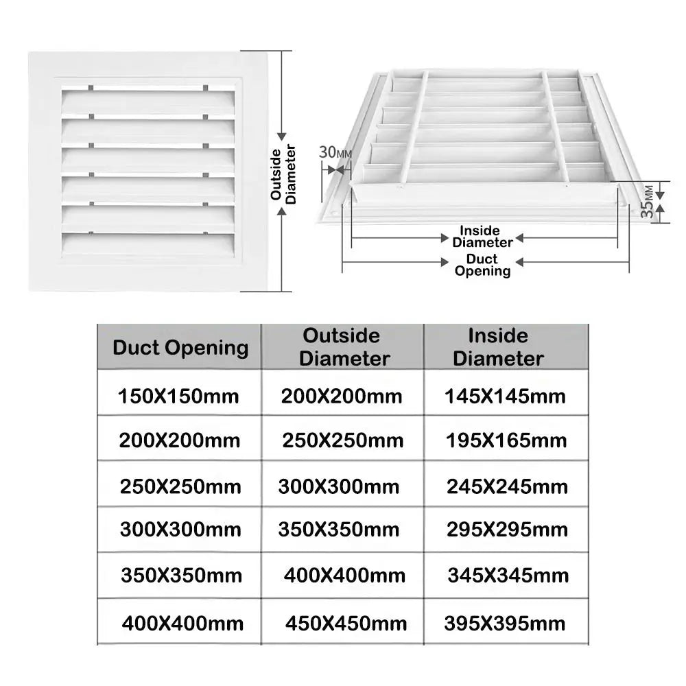 Aluminum Square Return Air Vent Grille White – Multi-Size Cover