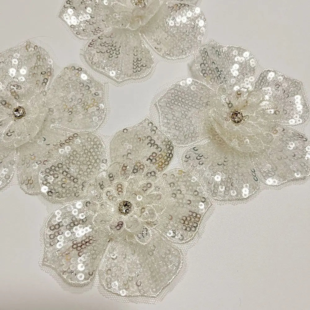 3D Sequin Beaded Lace Patches – Bridal Flower & Leaves Design