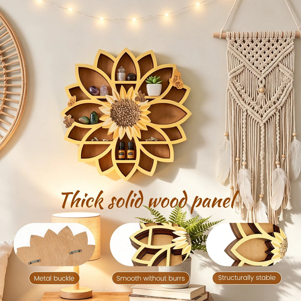 Sunflower Crystal Wall Shelf – Boho Farmhouse Wood Wall Decor