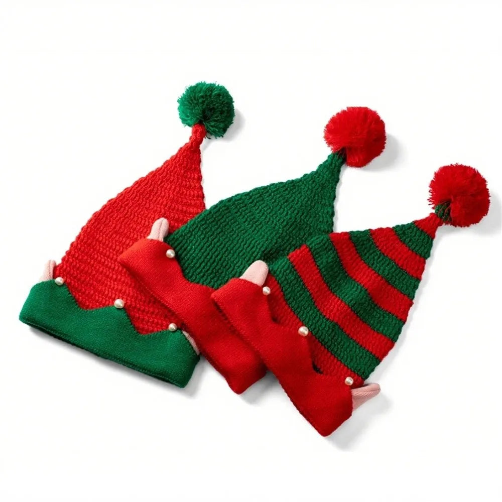 Striped Knitted Christmas Hat with Ears & Pom-Pom | Elf Santa Cap