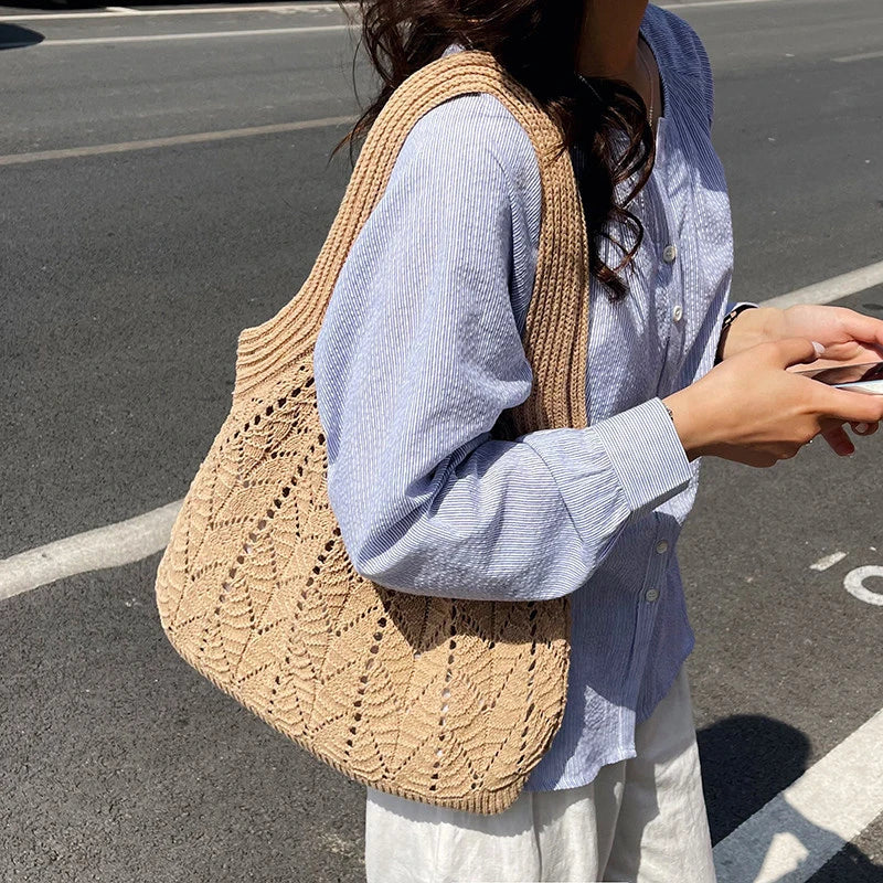 Women's Knitted Cotton Tote Bag – Large Capacity Shoulder Bag