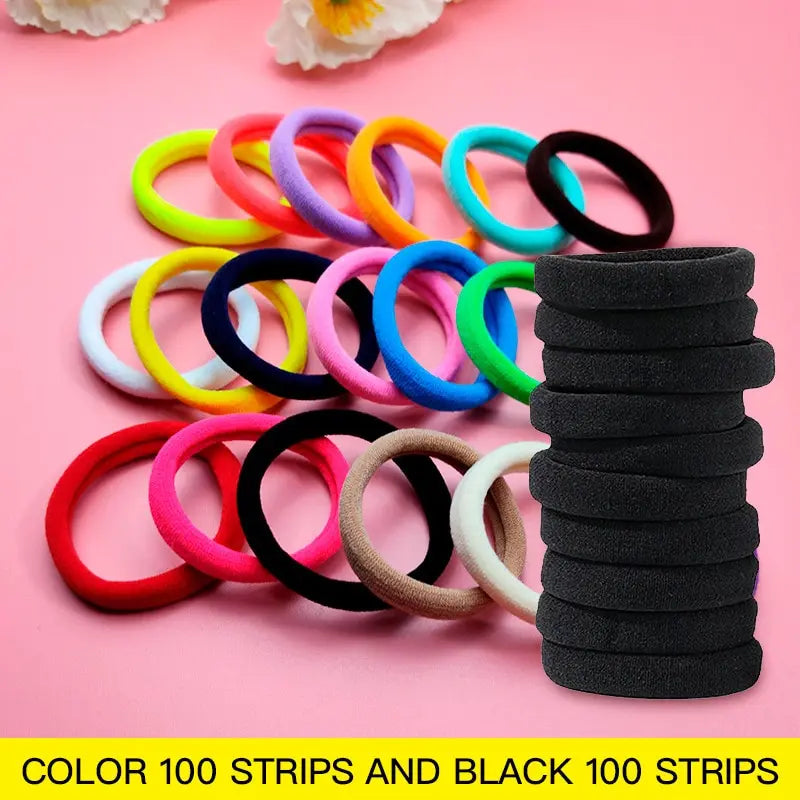 200+ Seamless Elastic Hair Bands – Black & Colorful Pack