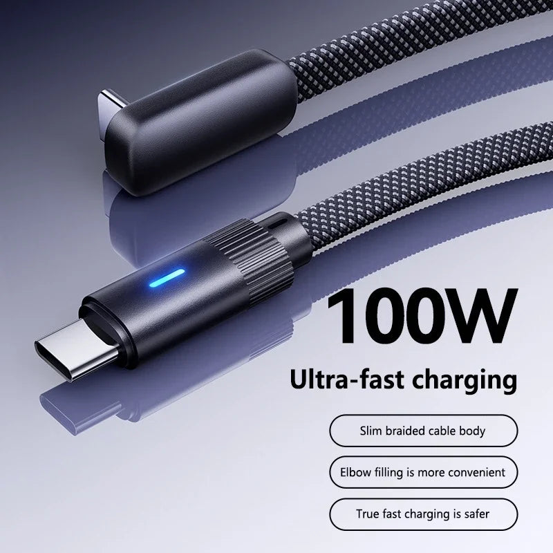 90° Dual USB-C Fast Charging Cable – 6A Flat Braided, iPhone & Android