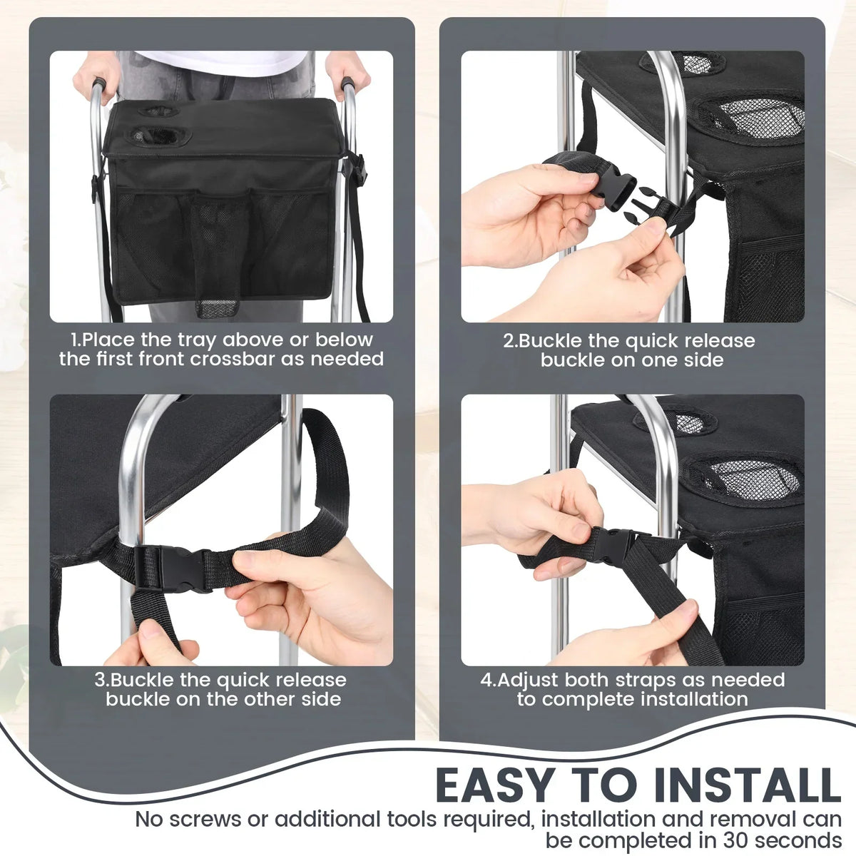 Folding Walker Tray with Cup Holder & Multi-Pocket Storage Bag