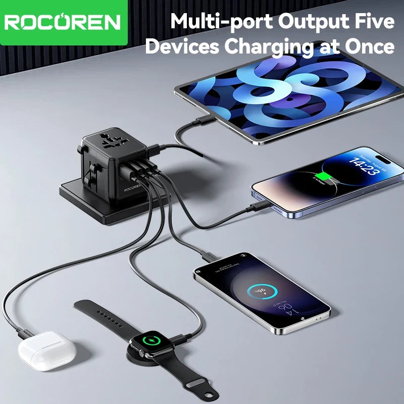Rocoren Universal Travel Adapter GaN Fast Charging 2 USB 3 USB-C