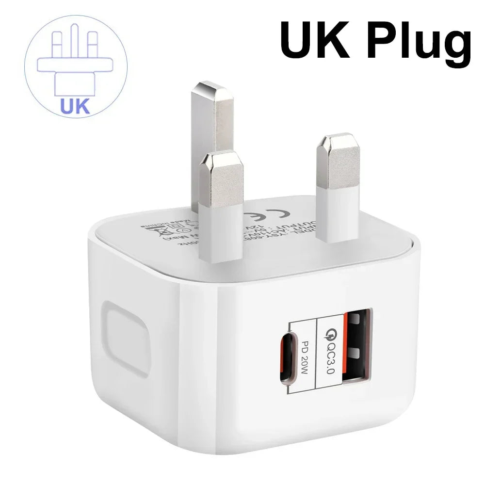20W Dual Port USB-C PD Fast Wall Charger – EU/US/UK Plug