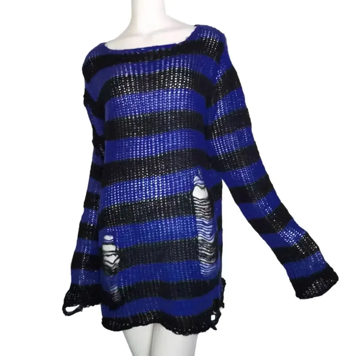 Women's Punk Gothic Oversized Striped Hollow Knit Pullover Sweater