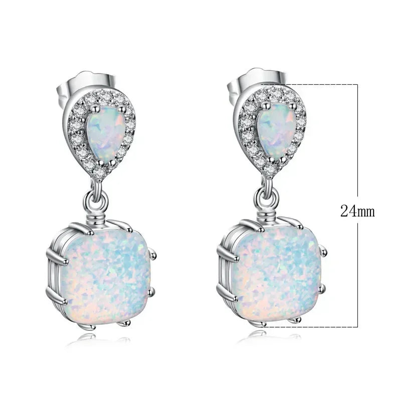 White Simulated Opal Dangle Earrings – Zinc Alloy Hook Drop