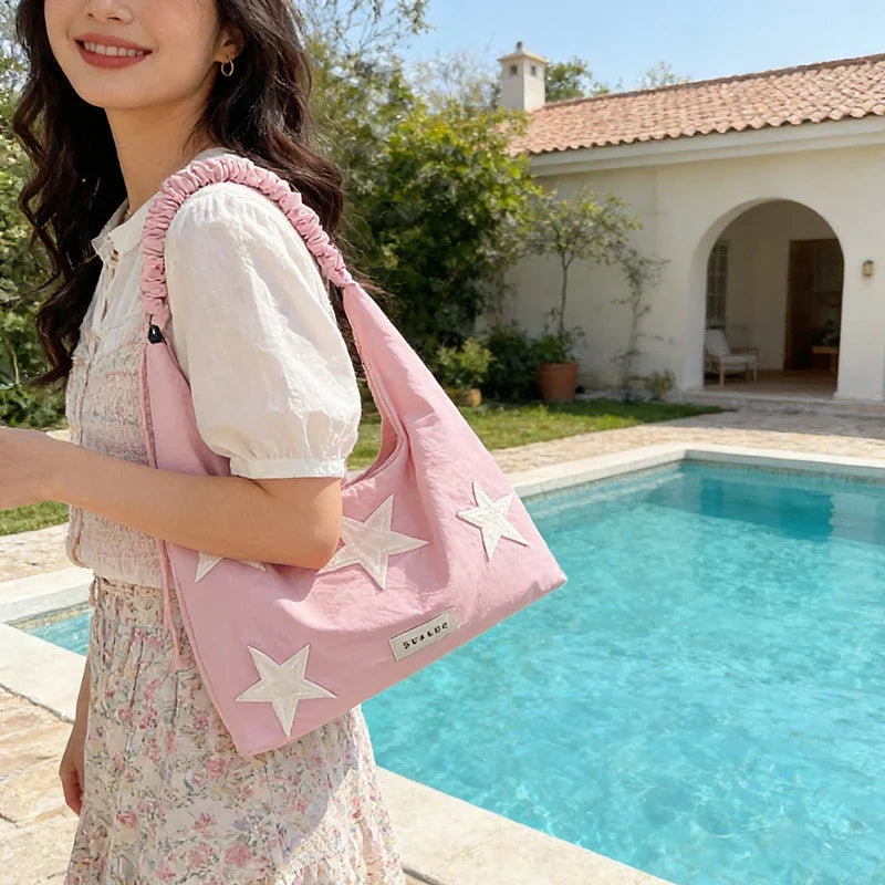 Korean Star Embroidered Canvas Tote Shoulder & Crossbody Bag