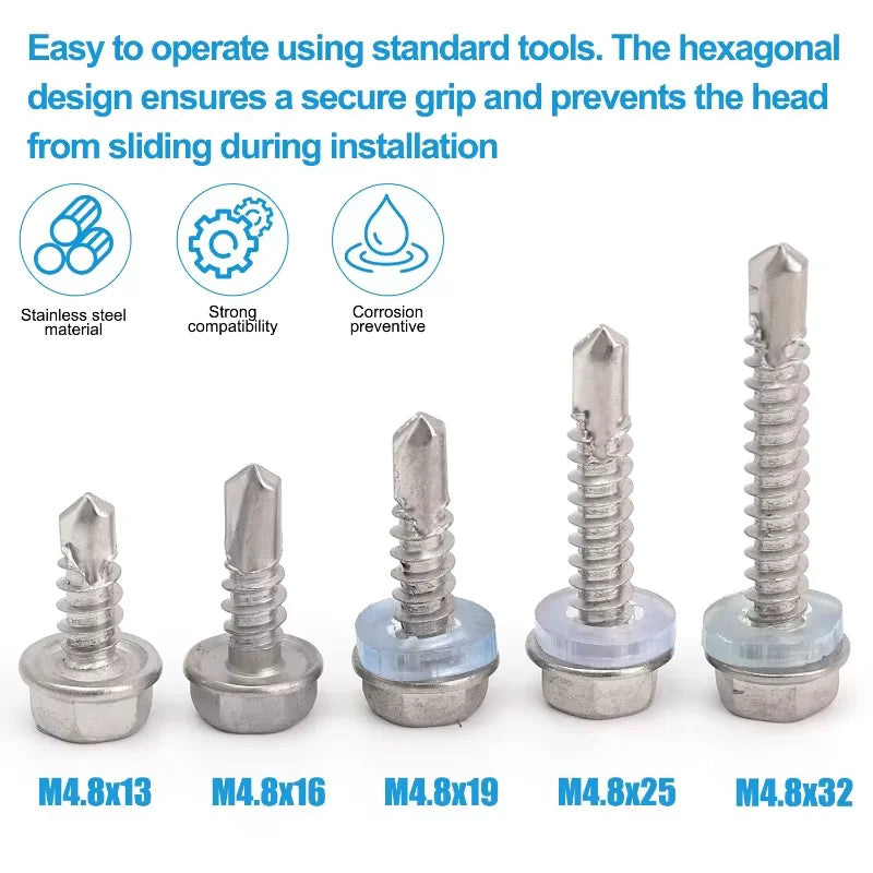100PCS M4.2 Stainless Steel Hex Self-Tapping Sheet Metal Screws