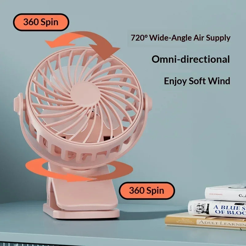 Mini Clip Fan 720° Rotatable USB Rechargeable + Night Light