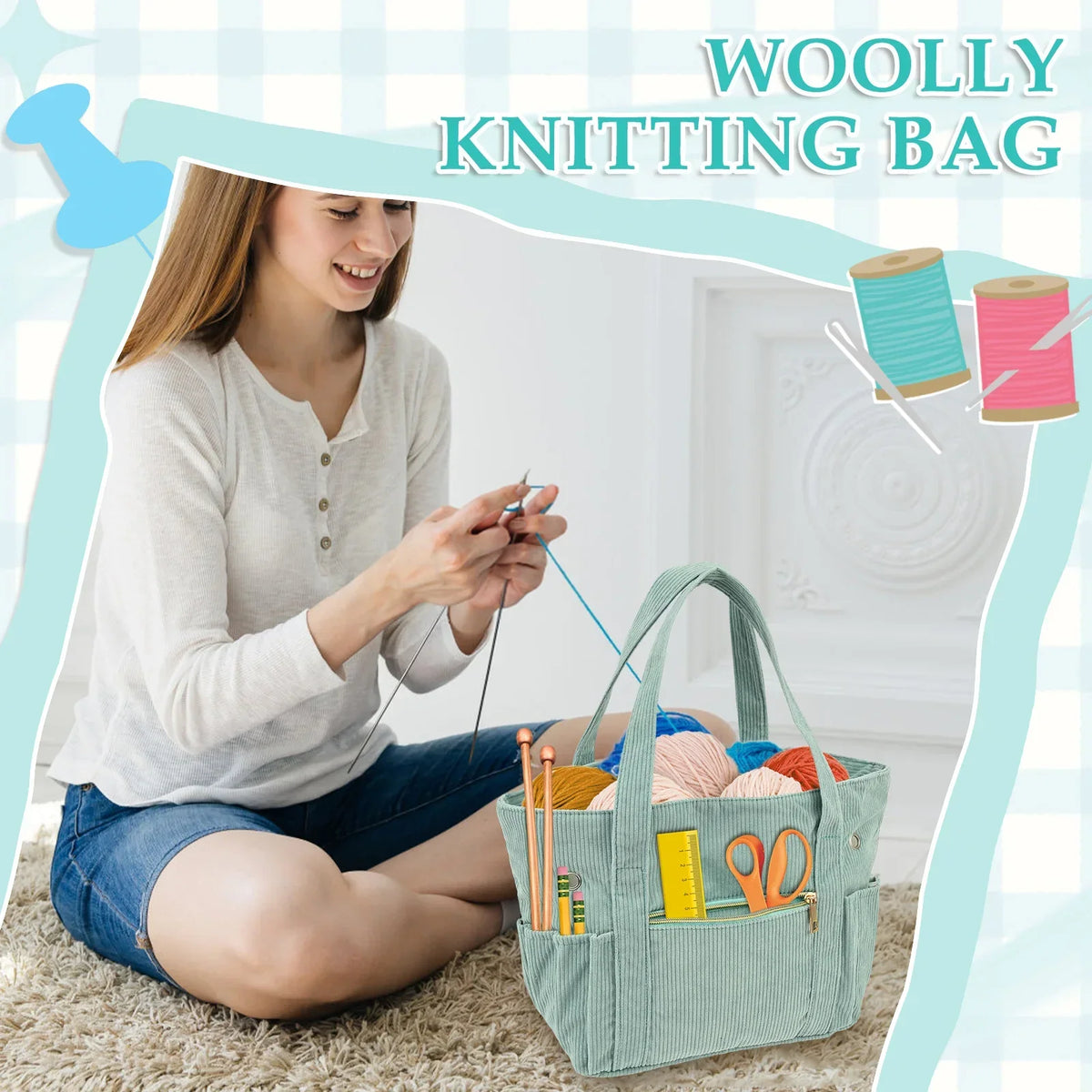 Corduroy Crochet Bag Set – Large Yarn Tote with Needle Holder