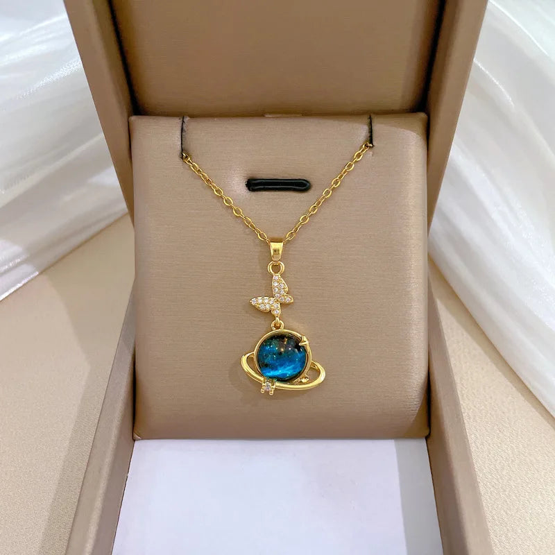 Starry Sky Butterfly Pendant Necklace Gold Stainless Steel