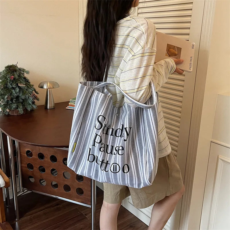 Women's Large Canvas Tote Bag – Striped Shoulder & Work Bag