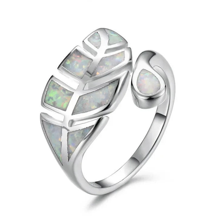 White Simulated Opal Leaves Ring | Adjustable Silver Band