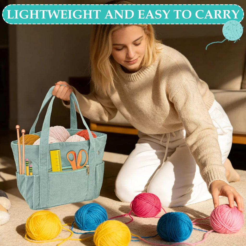 Corduroy Crochet Bag Set – Large Yarn Tote with Needle Holder