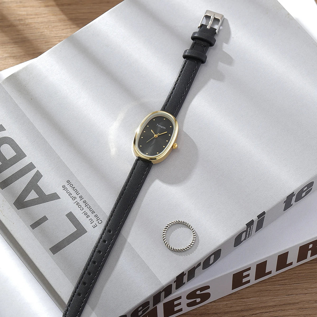 Timetti Women's Retro Square Quartz Watch | Leather Strap