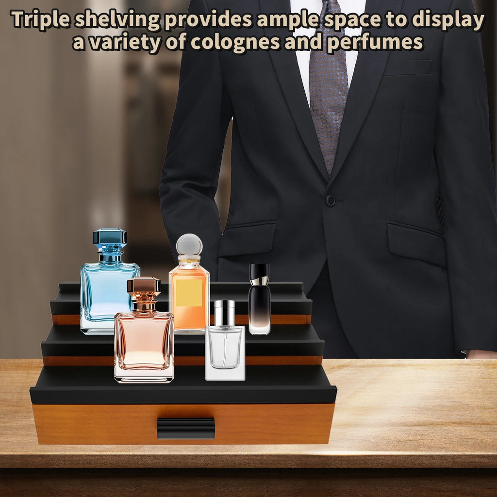 3-Tier Wood Cologne & Perfume Organizer Stand with Drawer