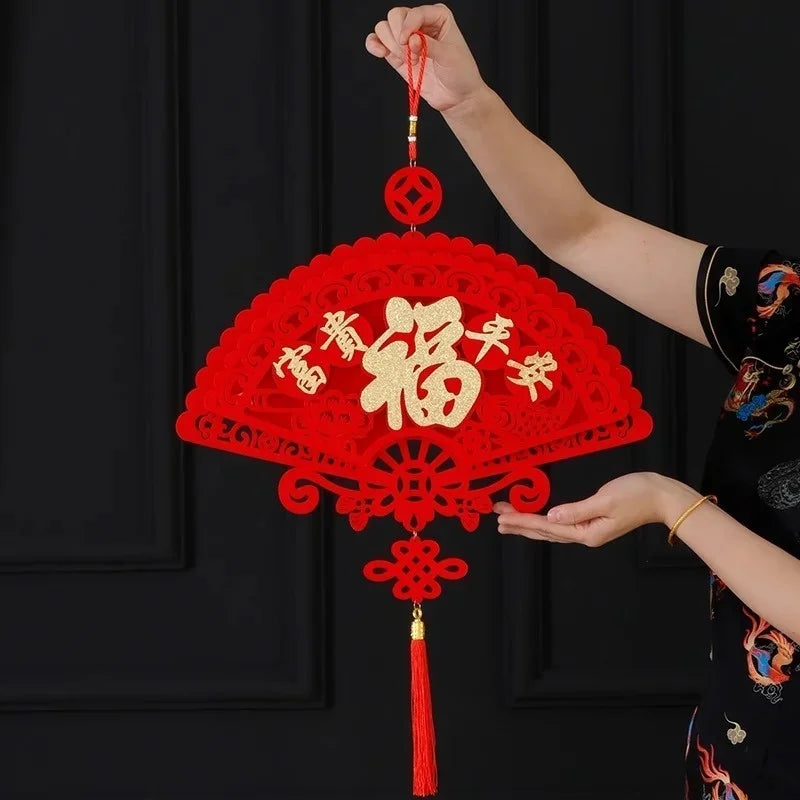 Chinese Knot Lucky Tassel Pendant | Red Flocked Fortune Ornament